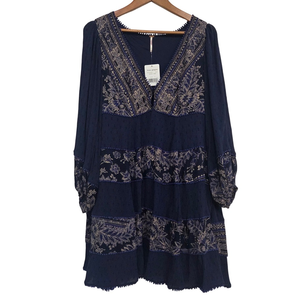 Free People NWT Indigo Combo My Love Mini Dress Navy Floral Tiered Boho Size L